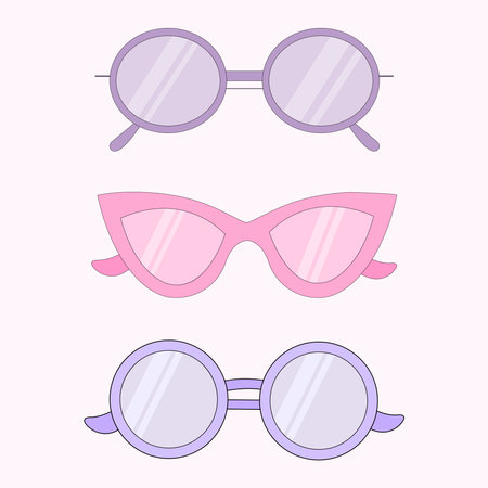 Sunglasses of different colors, shapes and styles on a pink background.のイラスト素材