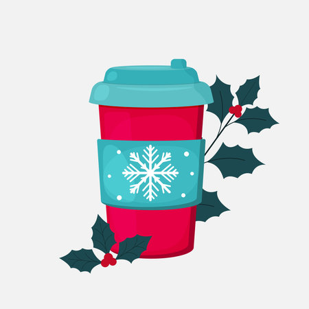 Christmas hot drink in a paper cup with a snowflake on a white background and decorationのイラスト素材