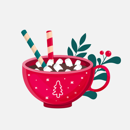 Christmas hot drink with marshmallows and tubes in a red cupのイラスト素材