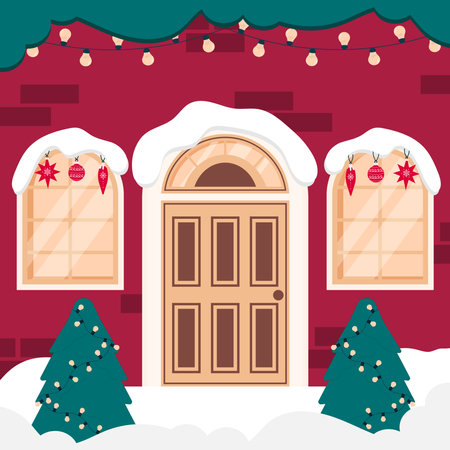 Vector illustration of the facade of a house decorated for Christmas and New Yearのイラスト素材