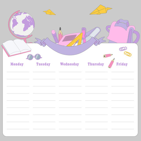 Cute weekly planner, Kids schedule of classes. Timetable design.のイラスト素材