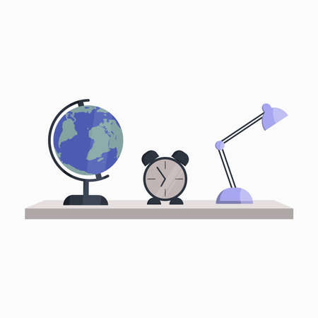 Globe, alarm clock and table lamp on the wall shelf on a white backgroundのイラスト素材