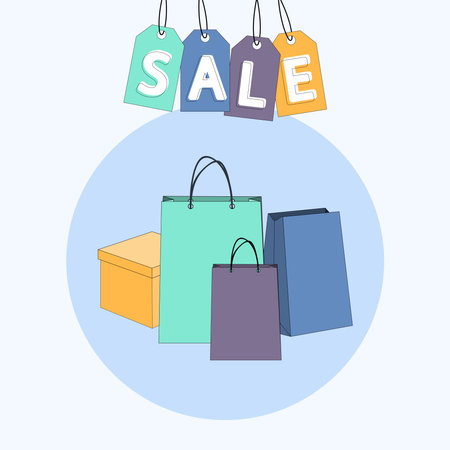 Multi-colored paper shopping bags with the description saleのイラスト素材