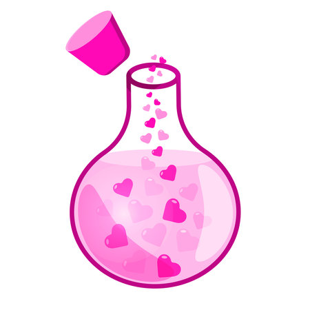 Love potion. Hearth floating in pink flask.のイラスト素材