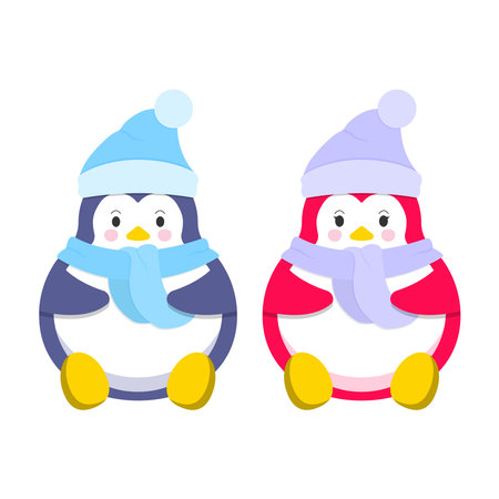 Cute cartoon penguin in a hat and scarf on a white backgroundのイラスト素材