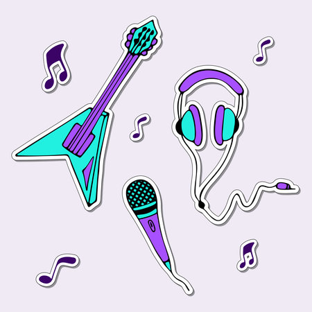 Set of stickers of musical instruments - guitar, headphones, microphone.のイラスト素材