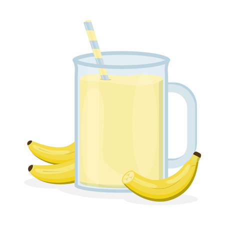A glass of banana juice with a straw. Juices with different flavors. Fruit juices.のイラスト素材