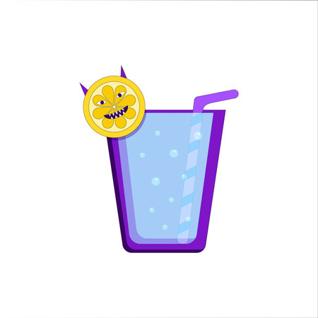 A glass with lemonade, a straw and a lemon. A lemon in the shape of a devil.のイラスト素材