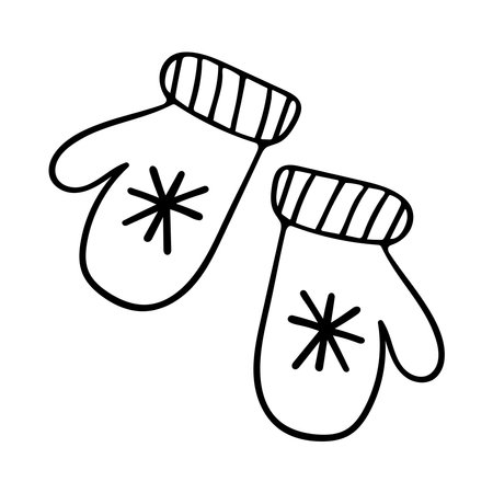 Black and white doodle illustration of winter white mittens with a snowflake on a white background.のイラスト素材