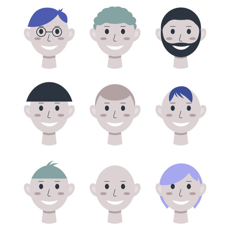 Vector avatar illustration for people on social networks with different hairstyles. Male faces on a white background. Flat style.のイラスト素材