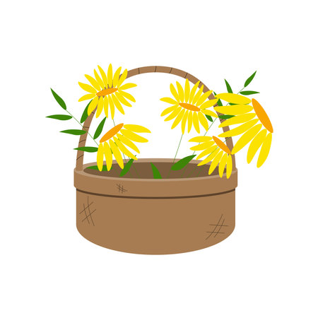 Vector illustration of a flat-style wicker basket with flowers on a white background.のイラスト素材