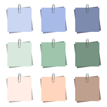 Vector illustration is a set of paper stickers on paper clips of different colors. Illustration paper note blank, colored sticky office paperのイラスト素材