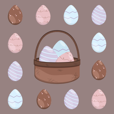 Vector illustration of a set of Easter decorated eggs in a brown wicker basket.のイラスト素材