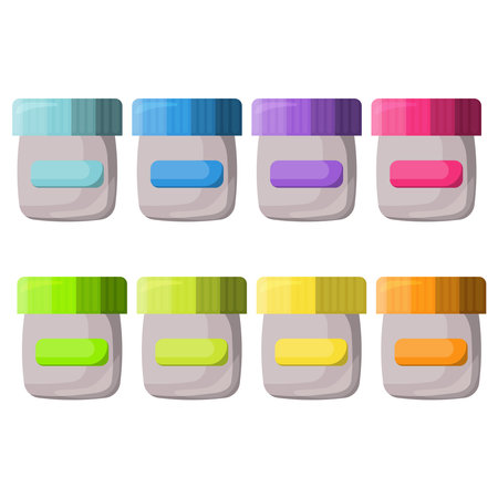 Vector set of colored plastic paint containers. A set of acrylic and watercolor paints. Elements of drawing tools.のイラスト素材