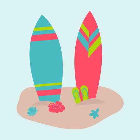 A vivid illustration with two colorful surfboards standing vertically on the sand, a pair of green flip-flops, a red hibiscus flower and small blue tropical plants,のイラスト素材