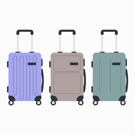 A set of three travel suitcases in different colors. Various types of travel luggage. Family travel suitcases, hand luggage and checked baggage.のイラスト素材