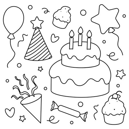 Coloring page with black and white birthday illustrations, cake, pastries, balloons, garlands, confetti, candies on a white background.のイラスト素材