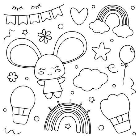 Coloring page with black and white illustrations of cute rabbit, balloons, rainbow, hearts, stars, clouds, flowers on a white background.のイラスト素材