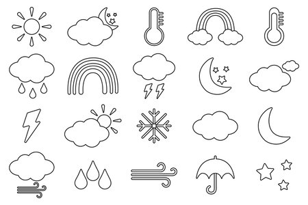 A set of editable black and white linear weather forecast icons. Meteorology. Template for mobile app, web and widgets.のイラスト素材