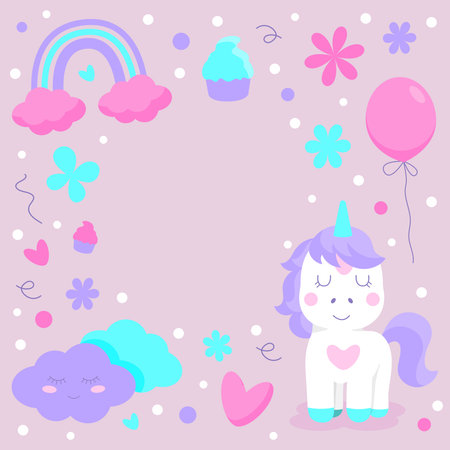 A bright invitation for a child's birthday, a holiday with rainbows, a unicorn, balloons, cupcakes, flowers on a pink background.のイラスト素材