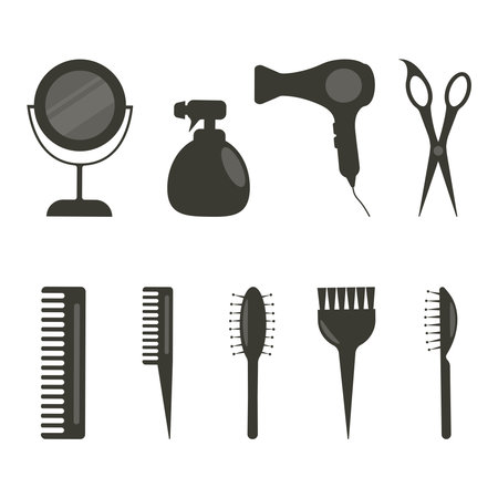 A set of hairdressing tool badges. Silhouettes of hairdressing equipment. Haircut accessories: scissors, comb, brush, hair dryer.のイラスト素材
