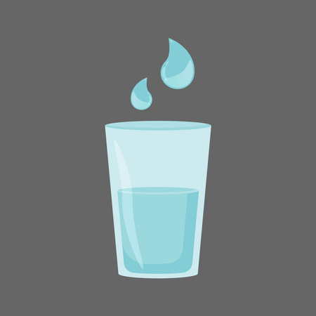 A transparent blue glass filled with water on a gray background, and small droplets of water hover over the glass.のイラスト素材