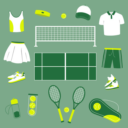 A set of elements related to tennis: rackets, tennis balls, court, net, sports uniform. Flat vector illustration. It is suitable for the design of sports materials, banners, posters, posters and infographics on the topic of tennis.のイラスト素材