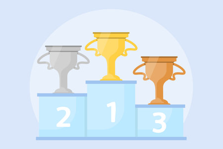 Vector illustration with a podium of winners and cups for the first, second and third place. The gold, silver and bronze trophies are located on the podium with the seat numbers.のイラスト素材