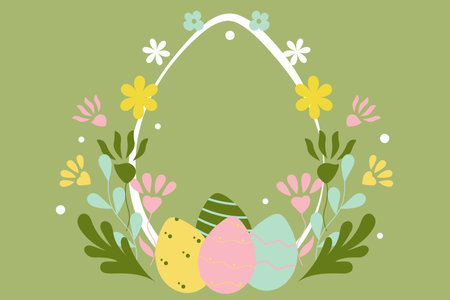 Egg shaped vector flower frame decorated with flowers and Easter eggs on a green backgroundのイラスト素材