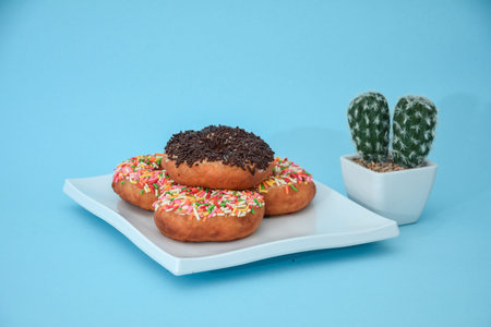 Donut cake with brown grain, there are cactus tree accessories set in light blue