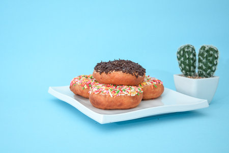 Donut cake with brown grain, there are cactus tree accessories set in light blueの写真素材