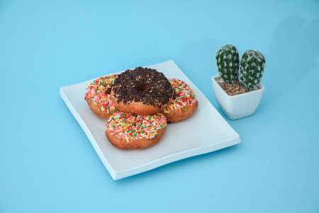 Donut cake with brown grain, there are cactus tree accessories set in light blueの写真素材