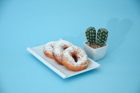 Donut cake with brown grain, there are cactus tree accessories set in light blueの写真素材