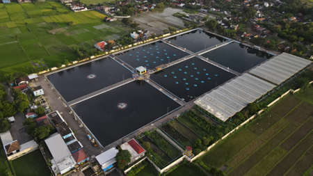 Aerial view wastewater treatment plant. Filtration of dirty water or waste water located in Bantul, Yogyakarta, Indonesia.のeditorial素材