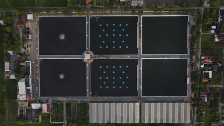 Aerial view wastewater treatment plant. Filtration of dirty water or waste water located in Bantul, Yogyakarta, Indonesia.のeditorial素材