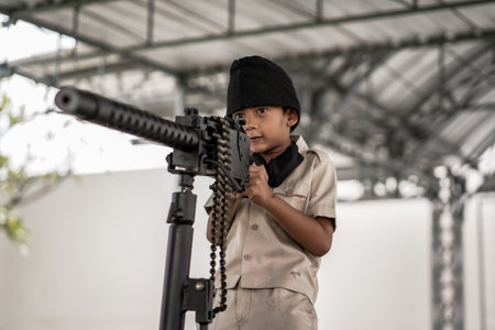 theatrical war general attack 1 march, using war uniforms and weapons in the Dutch colonial era. They shoot each other. : Yogyakarta, Indonesia - 01 March 2022のeditorial素材