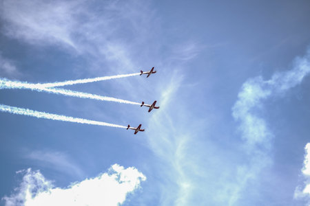 Indonesian Air Force jets perform aerobics during the commemoration of the March 1 general attack. : Yogyakarta, Indonesia - 01 March 2022のeditorial素材