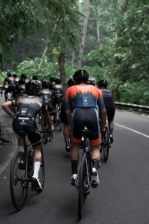 Expression and style of professional road bike cyclists through the downhill route, preparing for...