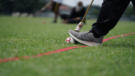 The gateball player's feet and their tools on the grass field.の写真素材