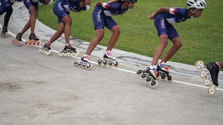 Training with roller skating athletes on the track of the Sultan Agung stadium. BANTUL, Indonesia - 28 February 2021.のeditorial素材