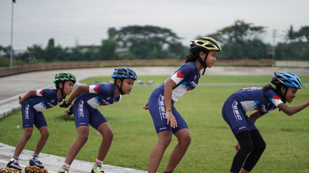 young roller skating athletes, resting after group training. BANTUL, Indonesia - 28 February 2021.