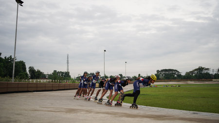 young roller skating athletes, resting after group training. BANTUL, Indonesia - 28 February 2021.のeditorial素材