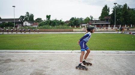 young roller skating athletes, resting after group training. BANTUL, Indonesia - 28 February 2021.