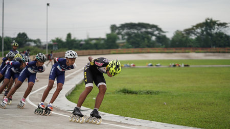 young roller skating athletes, resting after group training. BANTUL, Indonesia - 28 February 2021.