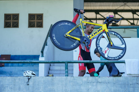 Indonesian paracycling athlete Martin Losu is training to prepare for the next race at the Velodrome...