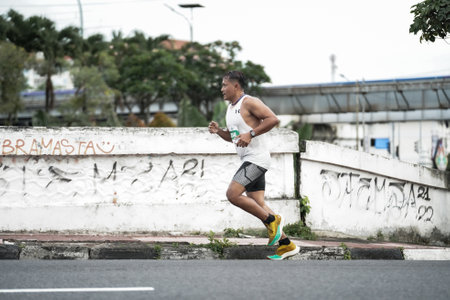 Yogyakarta, Indonesia - October 30, 2022 : running participants who pass through the streets of the city of Yogyakarta, they take part in the "Klik Dokter Run Fest 2022" running competition.のeditorial素材