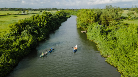 aerial view, you can see a person rowing in a canoe at the mouth of the river. Located in Bantul,...