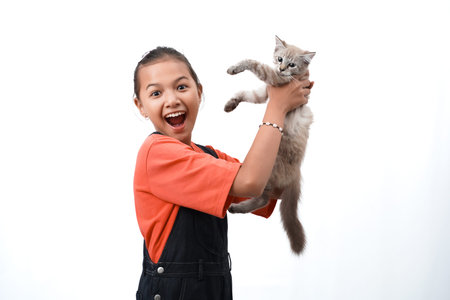 happy expression of asian girl holding cute kitten. Isolated on white background. International cat...