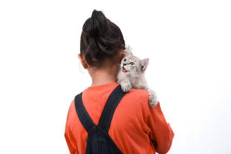 a little girl holding a kitten with love, cute. Isolated on white background. international cat day photo concept.の写真素材