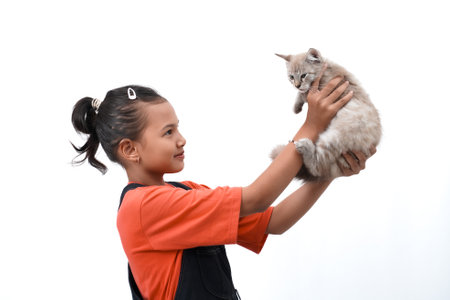 Asian girl holding a cute, adorable and funny kitten. Isolated on white background. International cat day concept.の写真素材